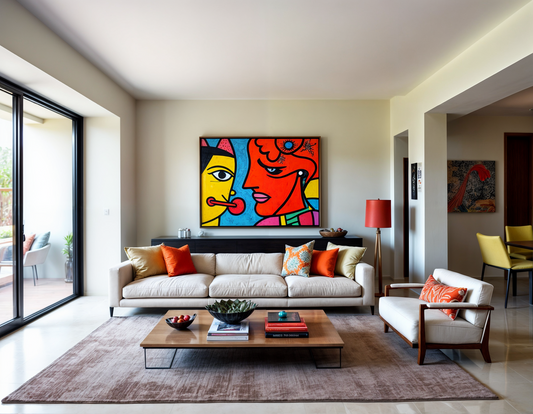 Modern interieur met opvallend kunstwerk aan de muur om Nederlandse kunstenaars vinden te inspireren