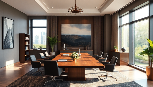 Moderne vergaderzaal met kunst voor bedrijven en een panoramisch uitzicht op de stad