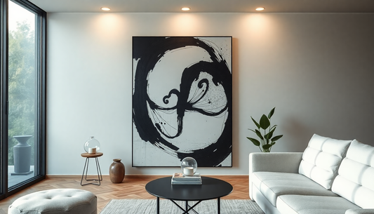 Modern woonkamerinterieur met abstracte kunst in huis voor mentale gezondheid aan de muur