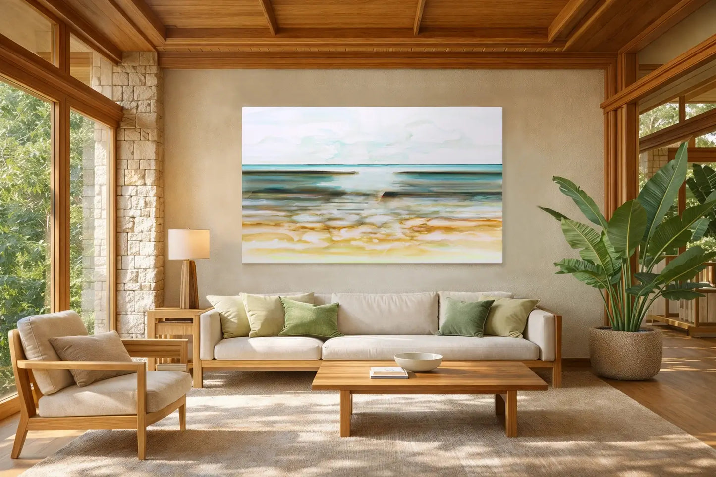Modern schilderij van de zee in een lichte woonkamer, perfect als kunst aan de muur