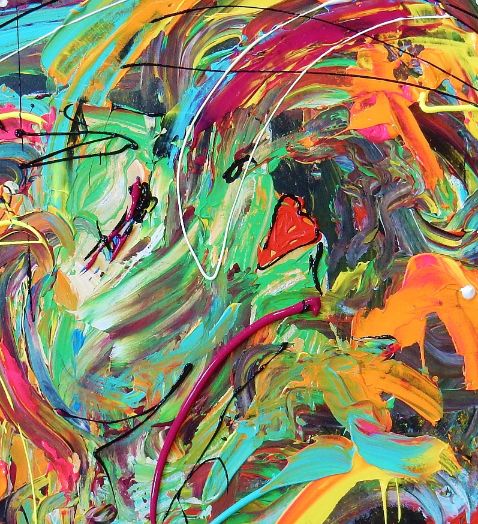 Kleurrijk abstract schilderij kopen met dynamische penseelstreken van Art by Marieke Brouwers