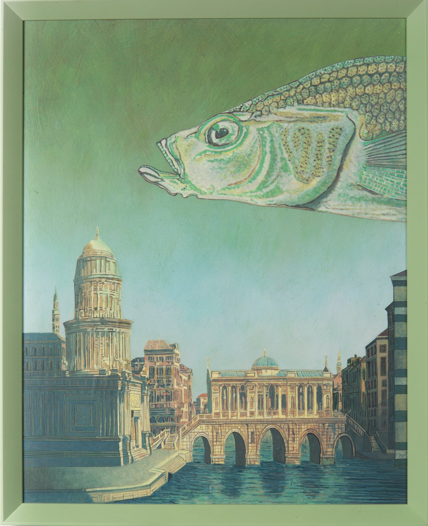 Annemarie Petri Atlantis schilderij met een grote vis en een stad in een groene tint