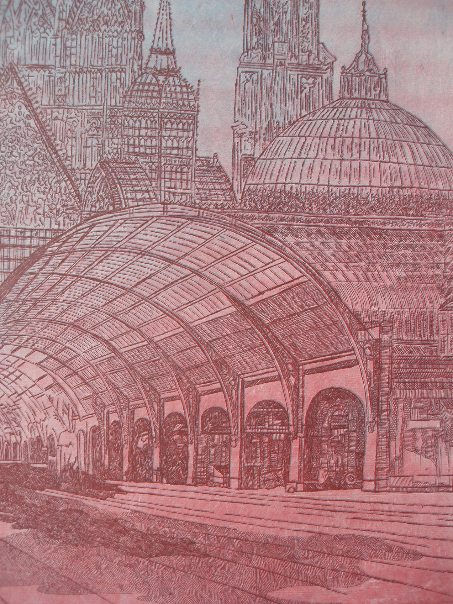 Ets van Annemarie Petri met het kunstwerk De glazen stad in roze en grijstinten