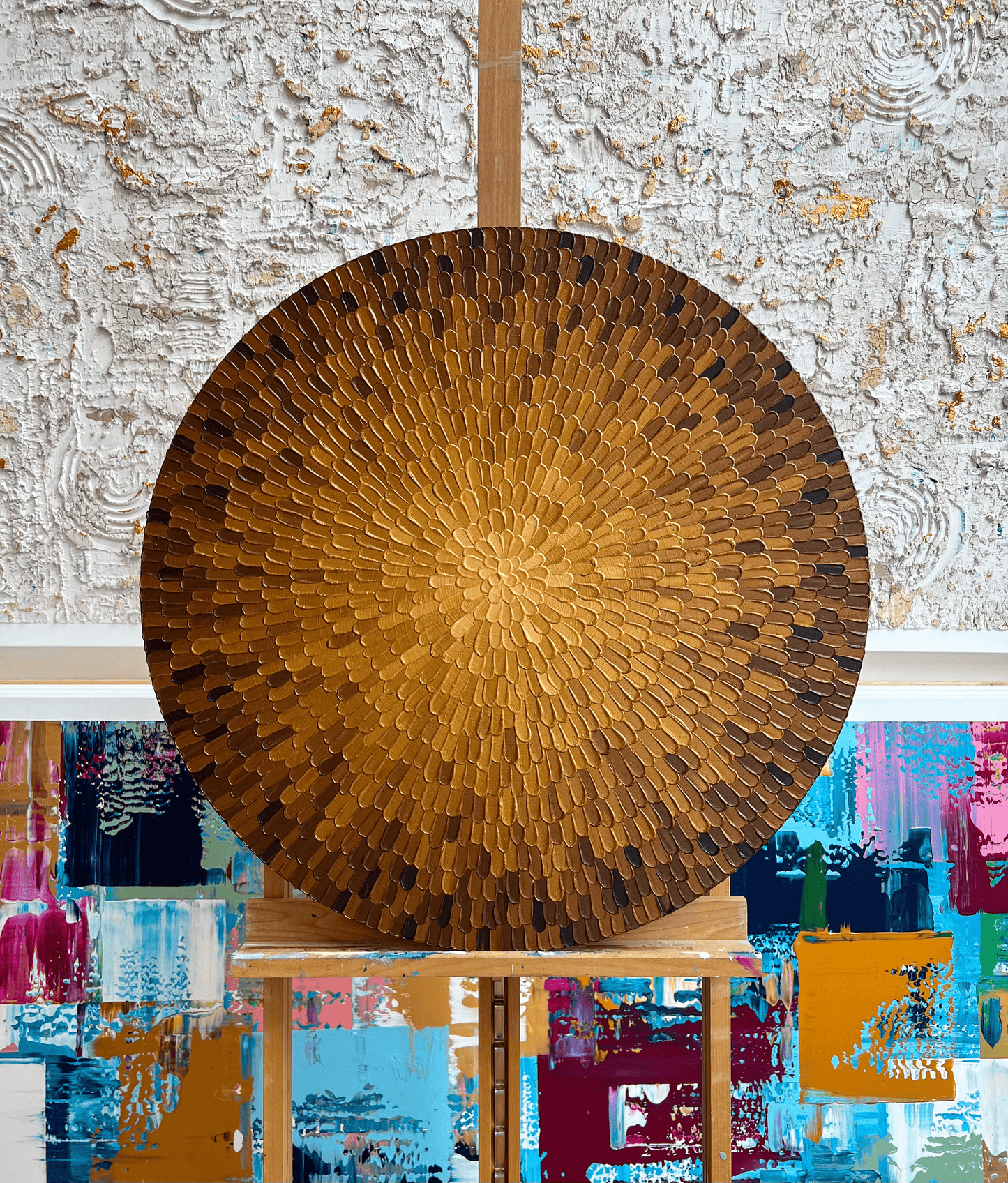 Rond schilderij met bruine houten textuur en abstract patroon op een ezel van Atelier58