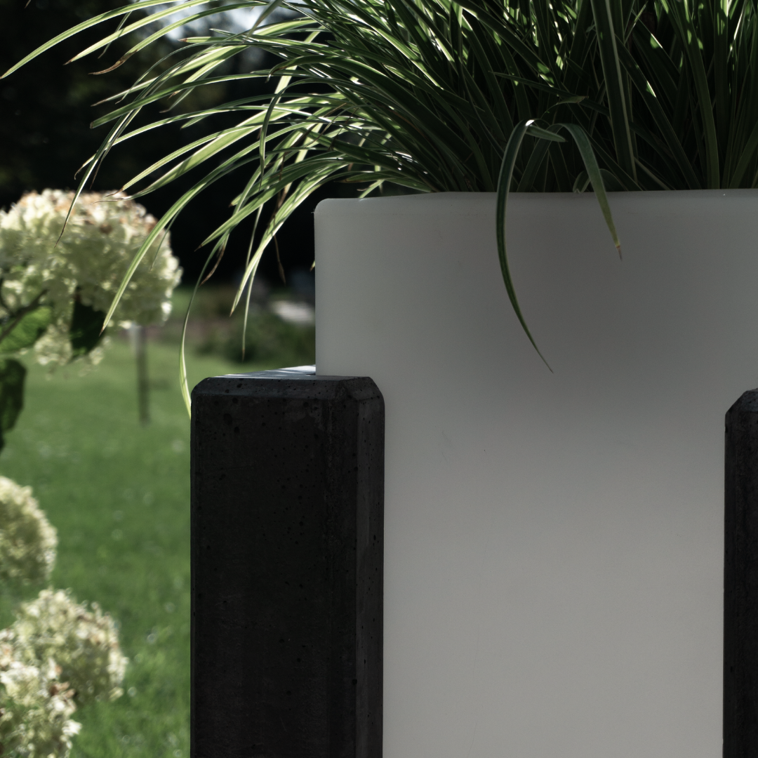 Design buitenlamp Linea Open van Dislux in moderne tuin met groene planten en witte verlichting