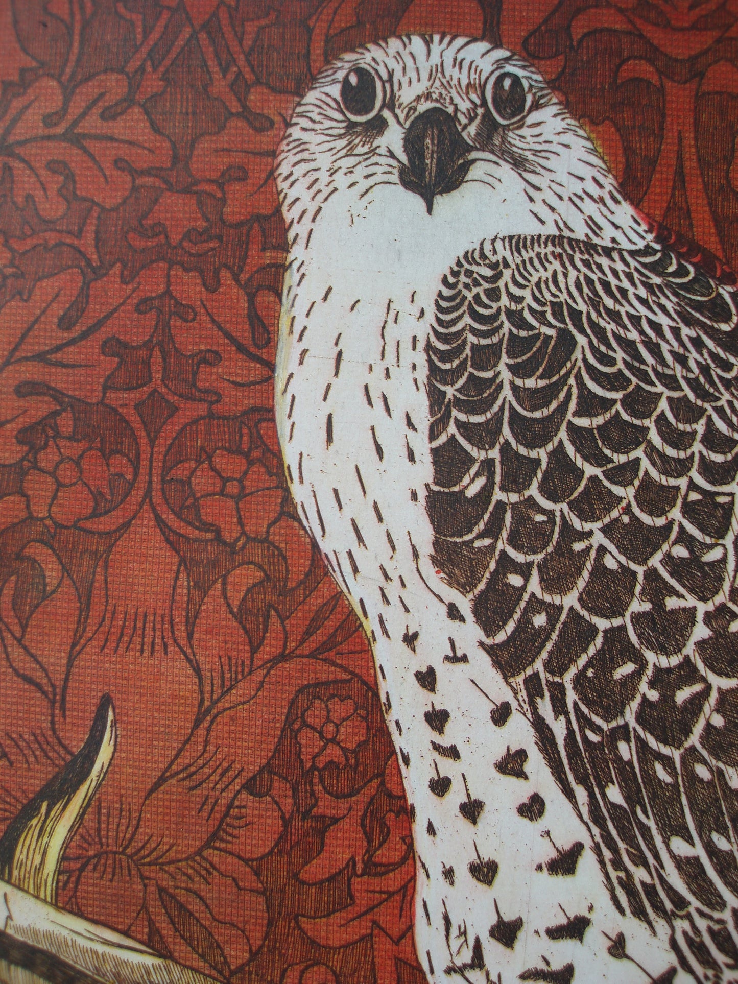 Detail van een ets kunstwerk met een majestueuze vogel op een rode decoratieve achtergrond