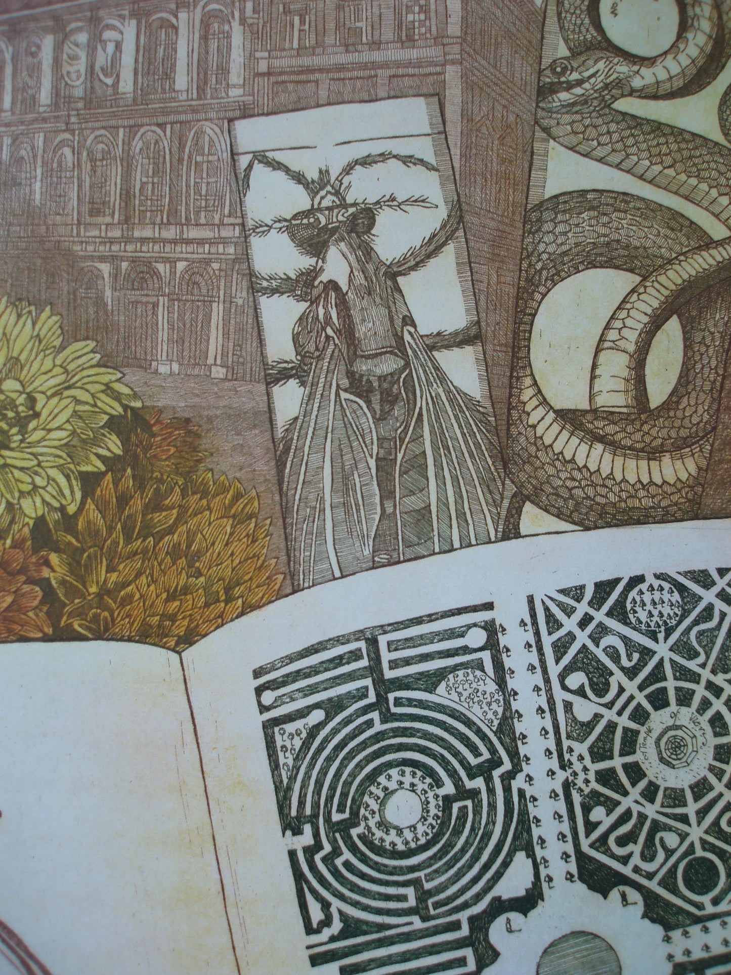Ets van Annemarie Petri met een gedetailleerd ontwerp van het Hof van Eden kunstwerk