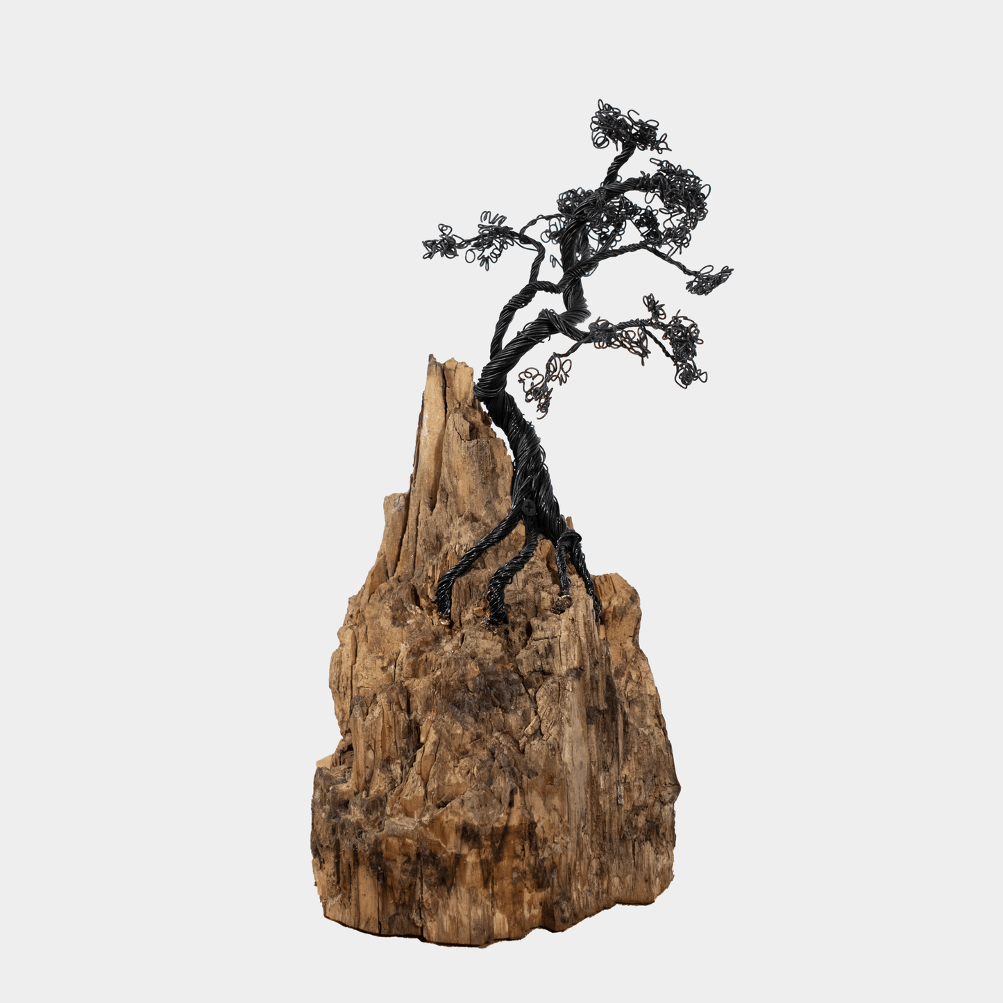 Unieke houtkunst van Semra Heydari met een boom gemaakt van draad op een houten basis