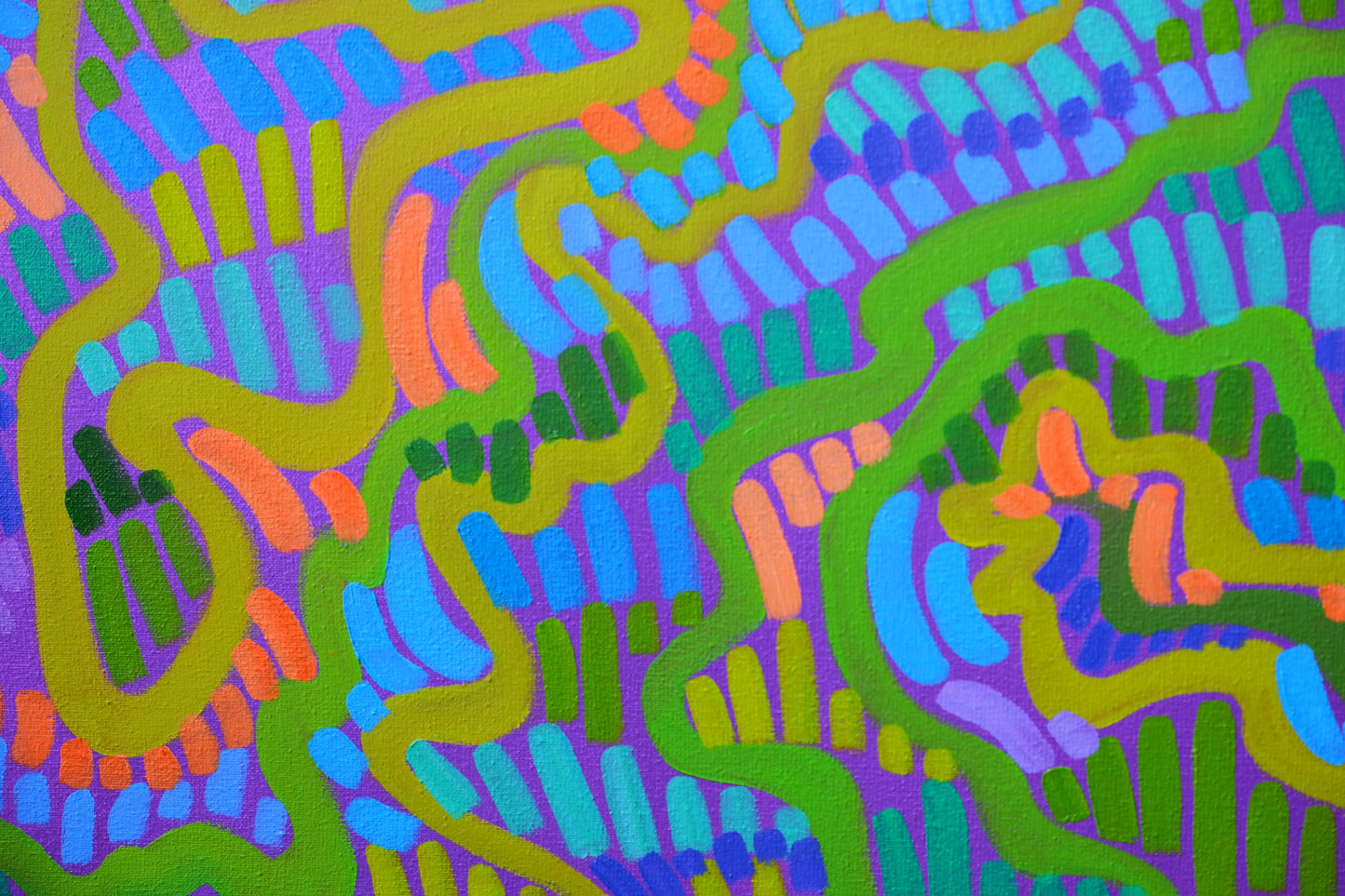 Kleurrijk abstract Humdrum Blues schilderij van Van Lanigh met organische lijnen en levendige kleuren