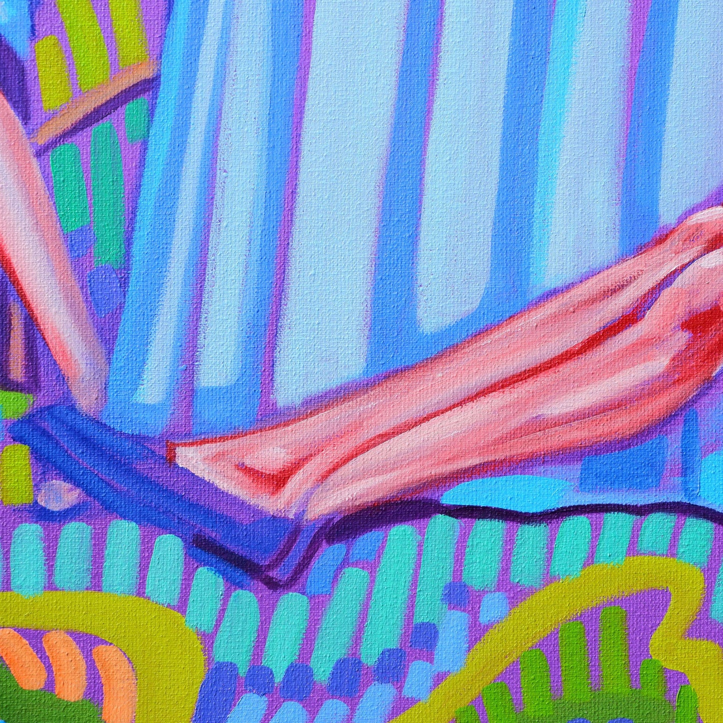 Kleurrijk Humdrum Blues schilderij met abstracte vormen en levendige lijnen