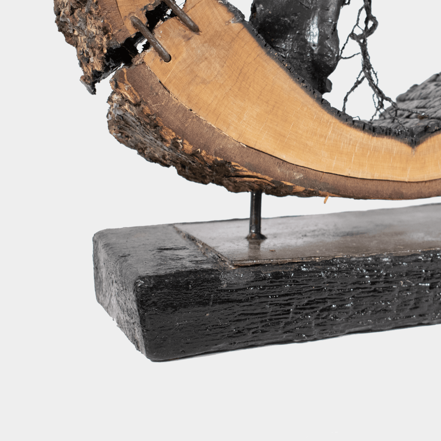 Details van het Ishizuki boom kunstobject gemaakt van hout met natuurlijke nerven en schors op een zwarte houten standaard
