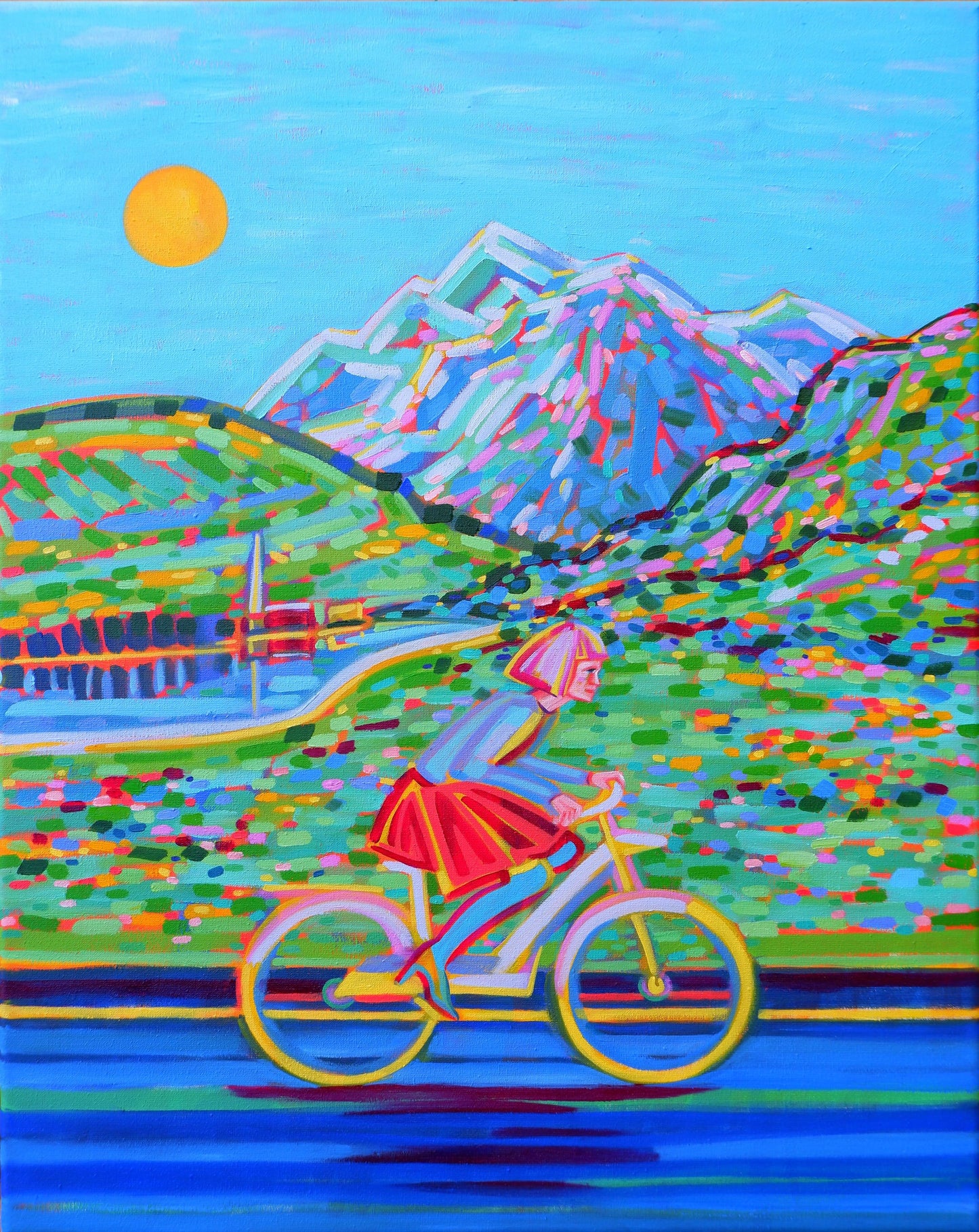 Schilderij van een fietser met een kleurrijk landschap en de tekst I Want to Break Free