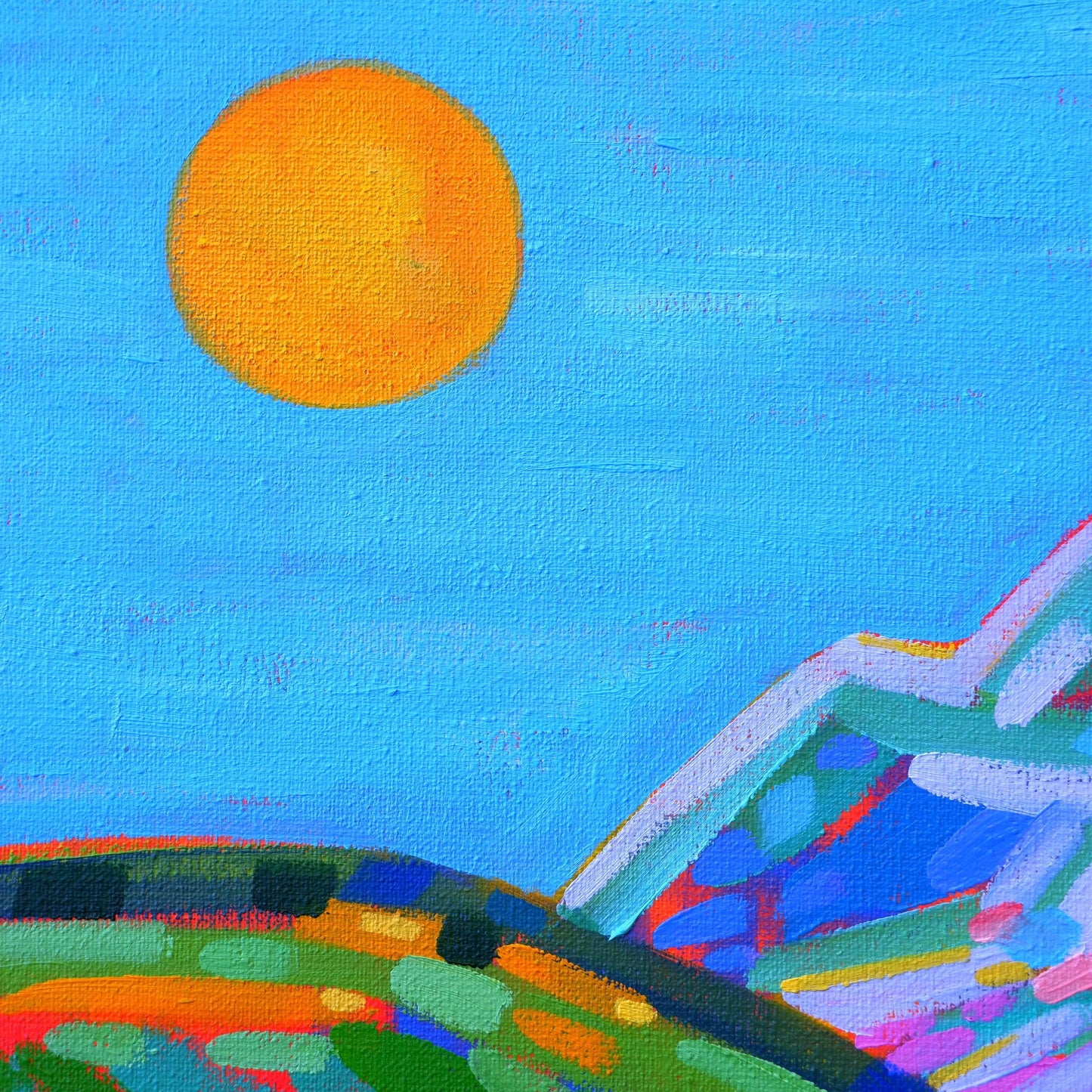 Schilderij van Van Lanigh met de titel I Want to Break Free, kleurrijke zon en abstract landschap