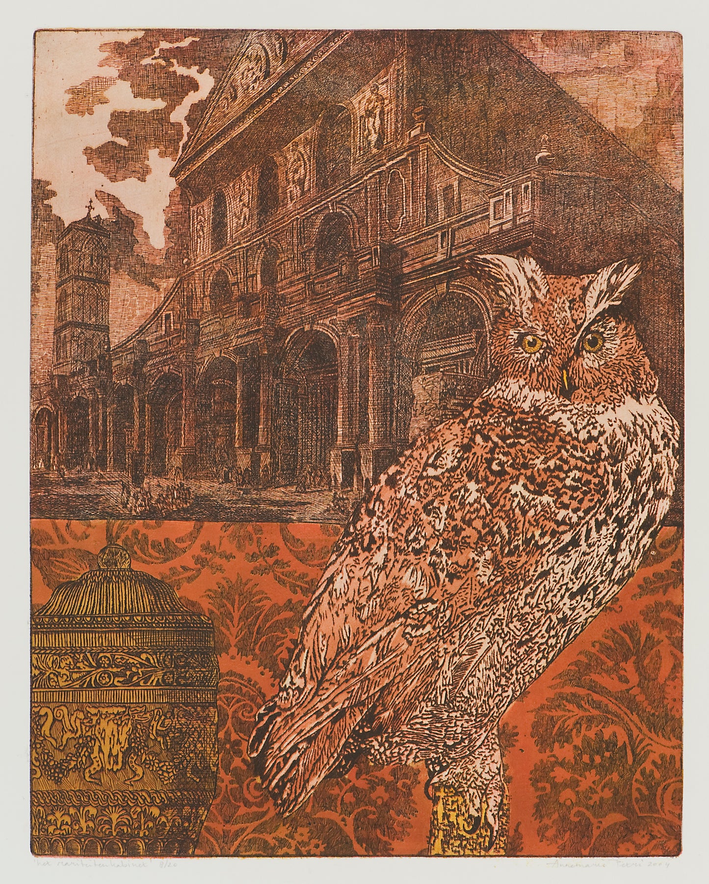 Ets van een uil voor een historisch gebouw, ideaal voor een rariteitenkabinet kunst verzameling