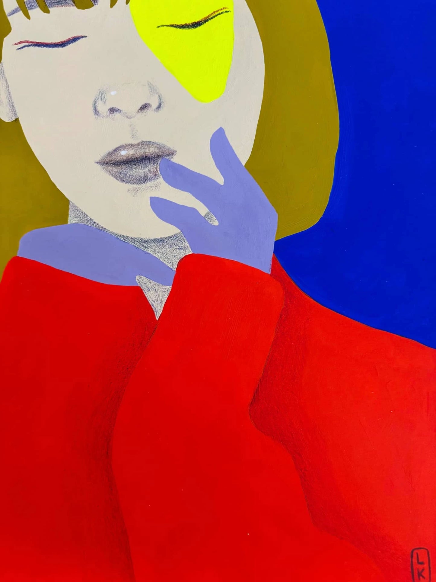 Kleurrijk miniatuur kunstwerk van een vrouw in een rode trui met abstracte vormen