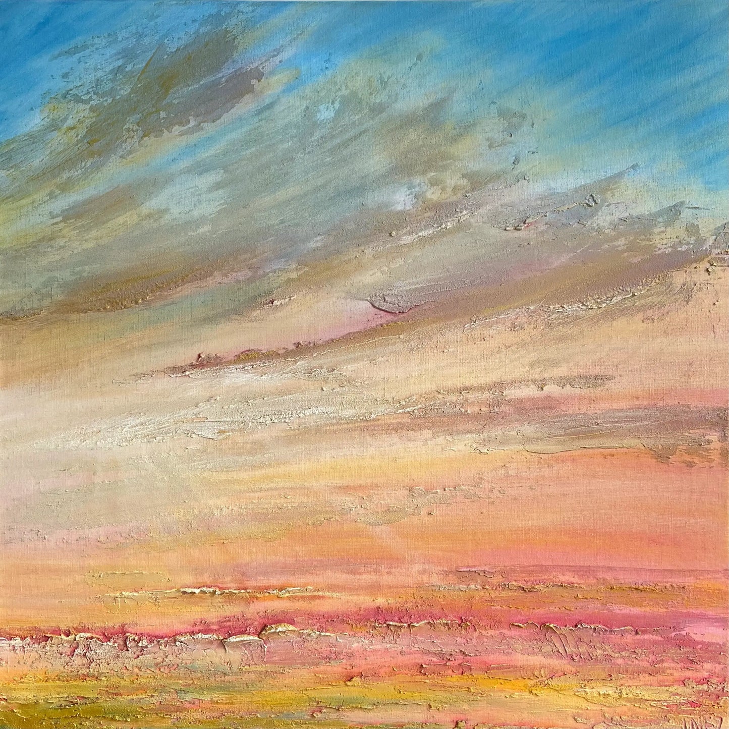 Abstract olieverf schilderij met zachte tinten van blauw en roze in een luchtige landschapsscene