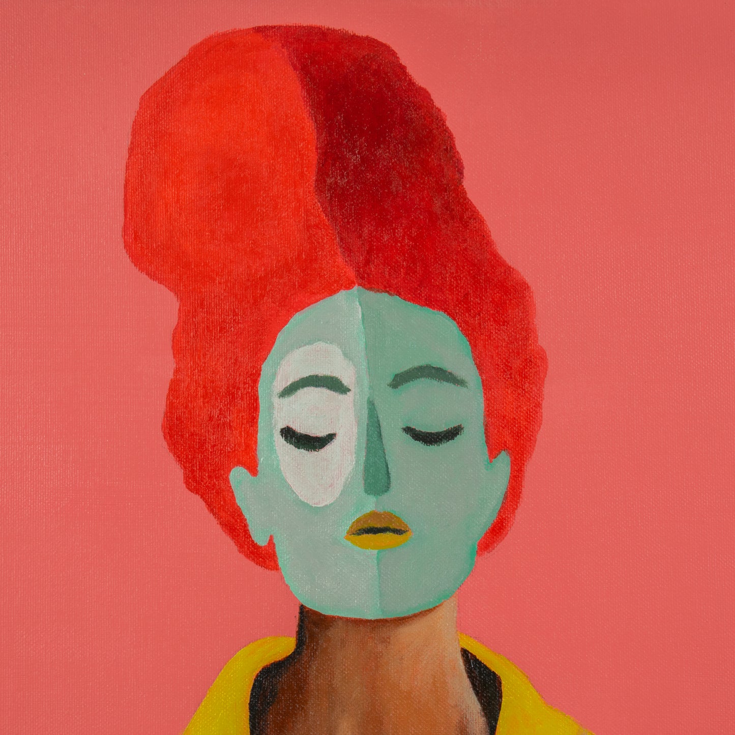 Schilderij vrouw met kleurrijk haar en abstracte gezichtsdetails op een roze achtergrond