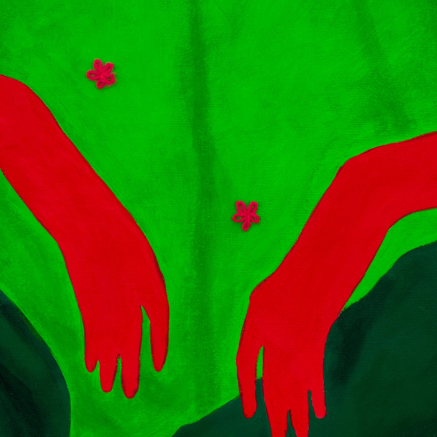 Kleurrijk schilderij vrouwelijk portret met rode handen op een groene achtergrond
