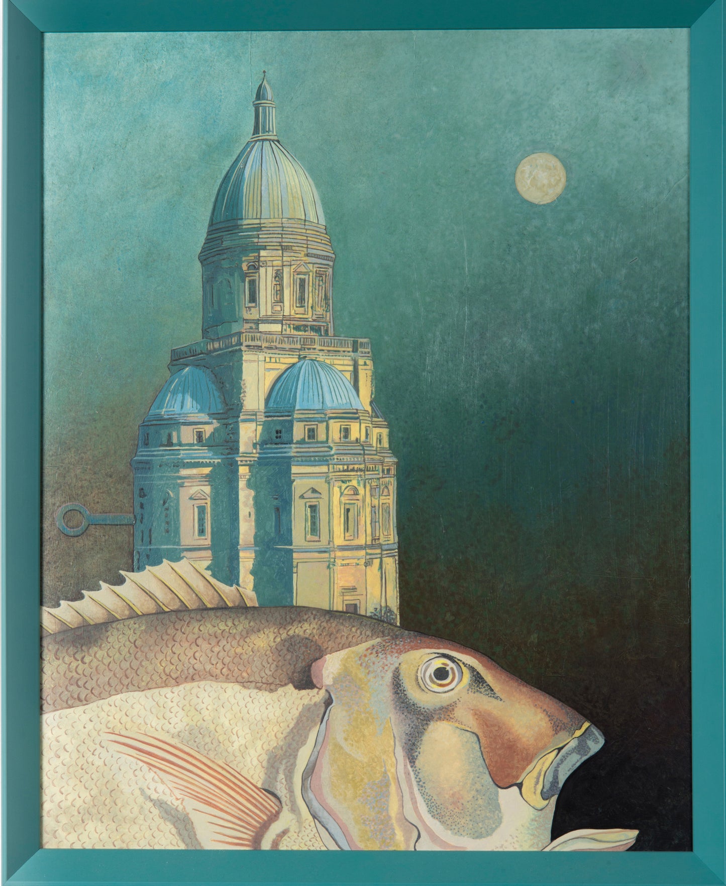 Surrealistisch schilderij van een vis en een toren met steeple onder de volle maan