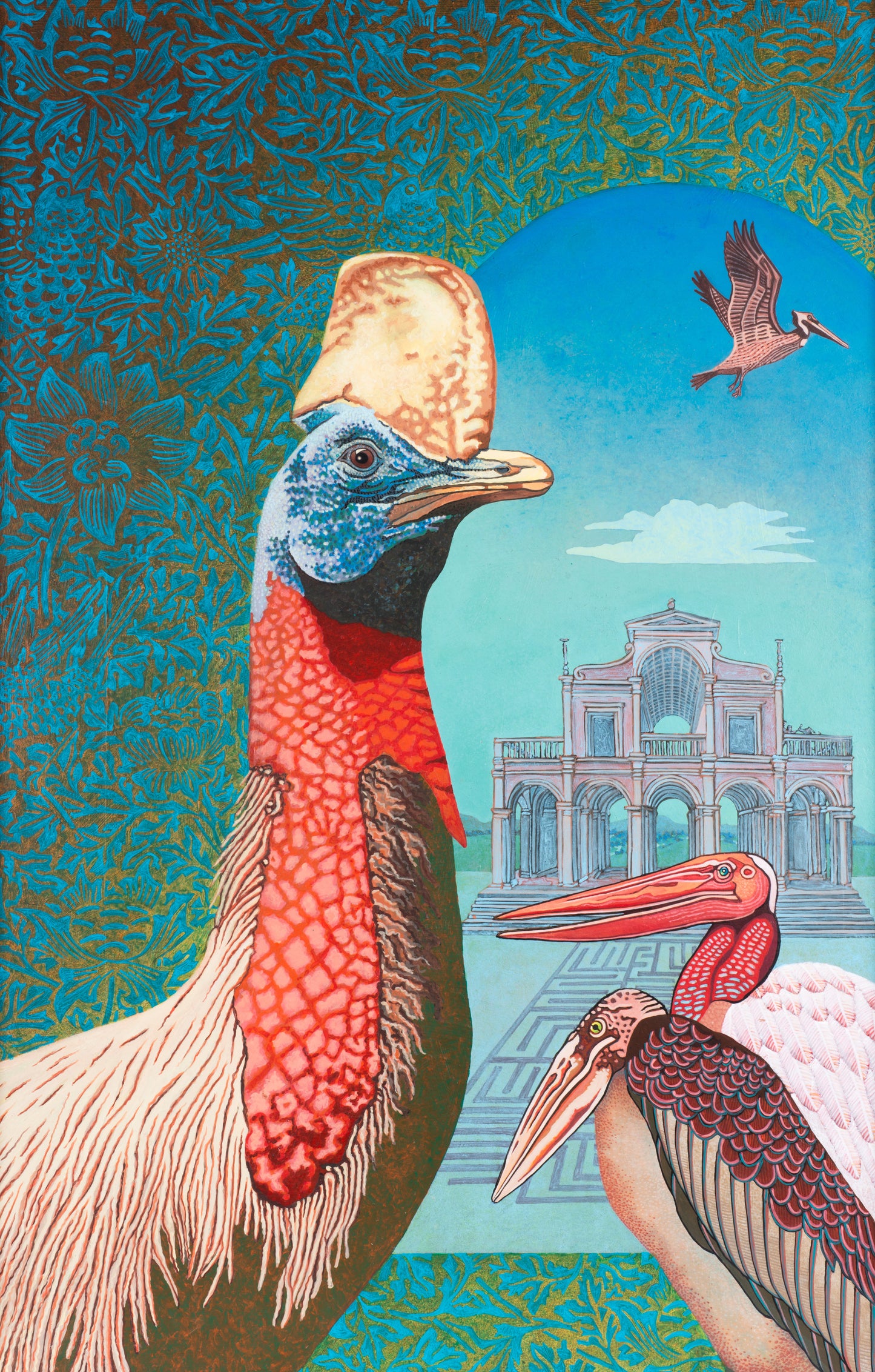 Surrealistisch schilderij van een struikvogel met kleurrijke achtergrond en andere vogels in de voorgrond