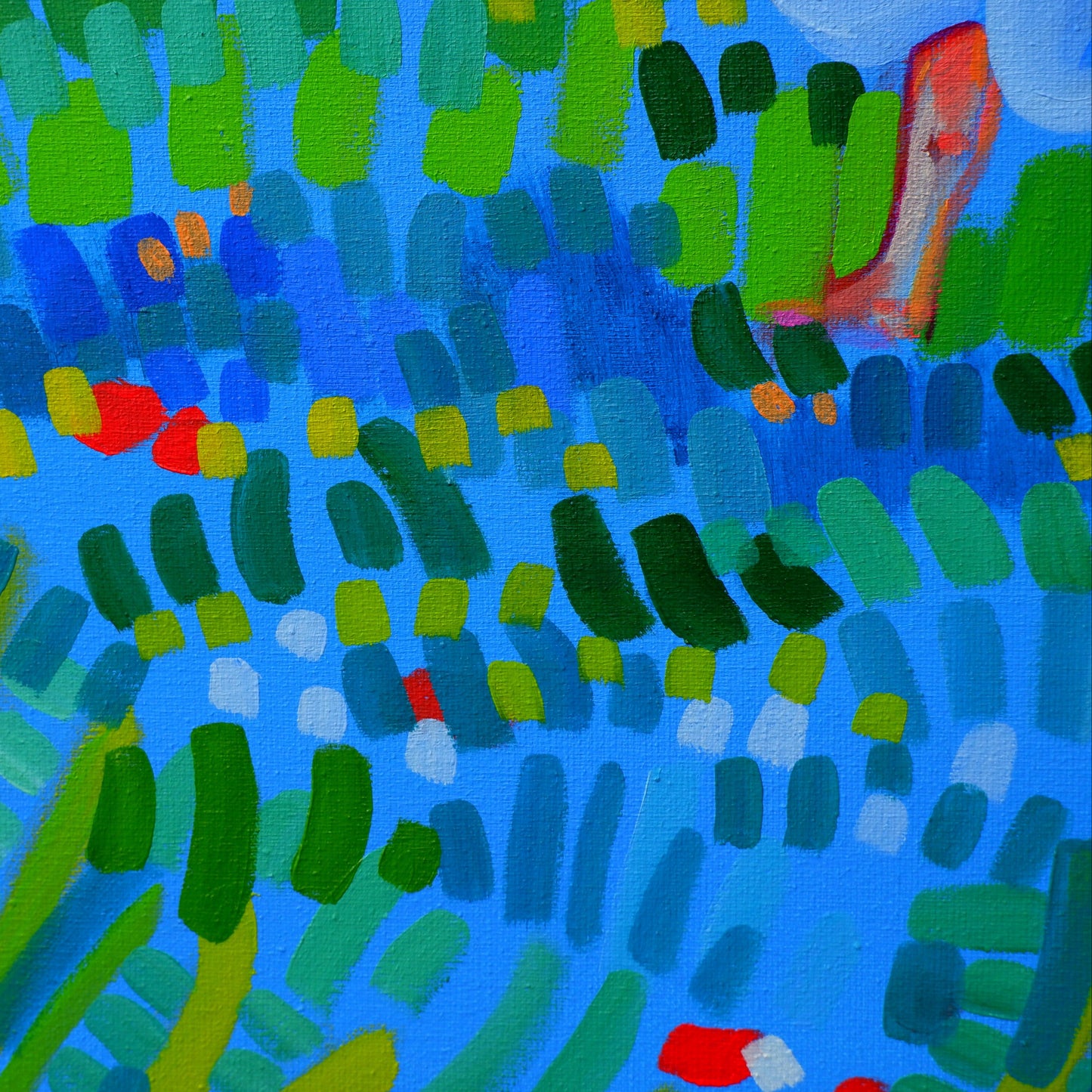 Abstract schilderij getiteld The Memory Remains met kleurrijke penseelstreken en een levensechte achtergrond
