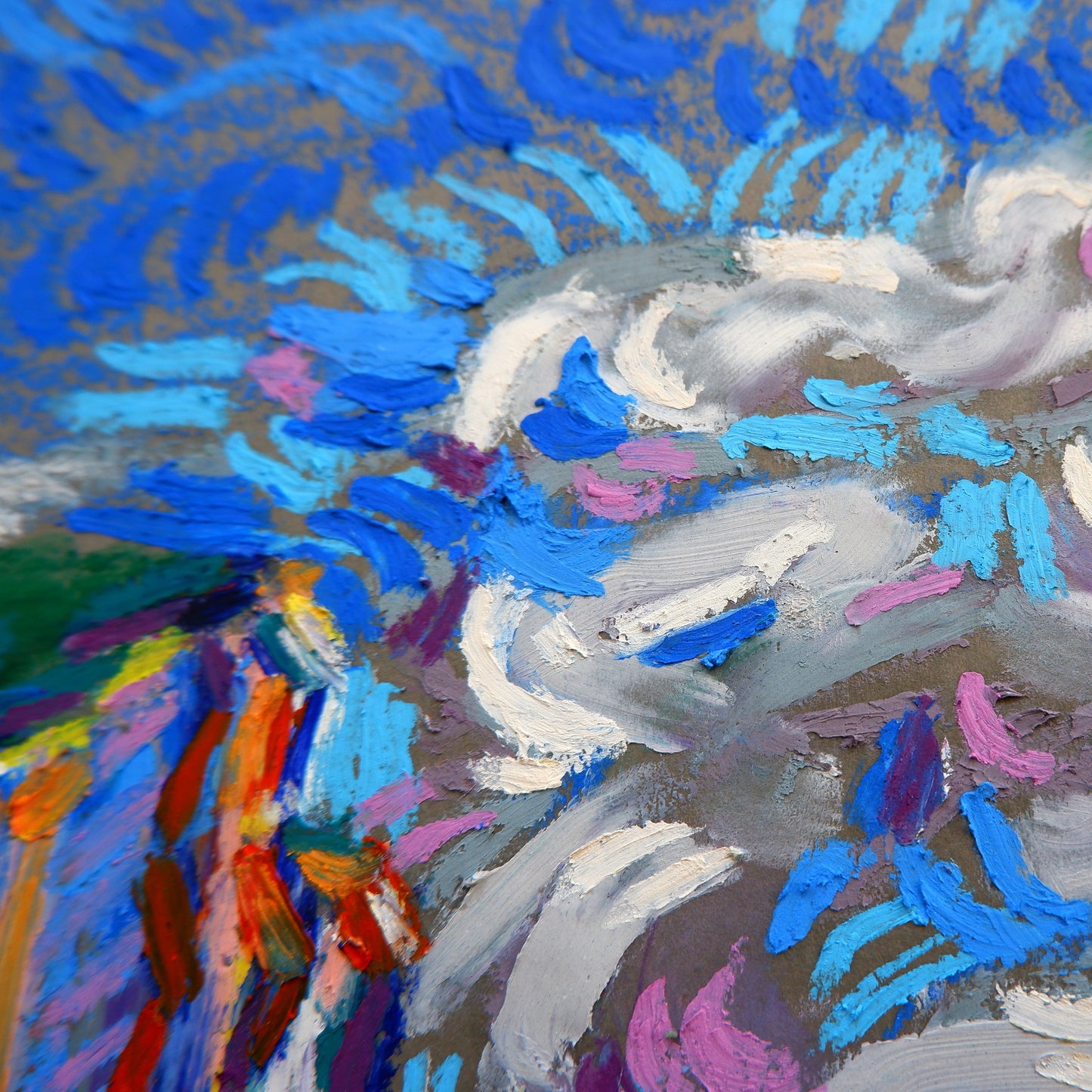 Schilderij van Van Lanigh met kleurrijke zeegezichten, getiteld 'The Sea, the Sea'.