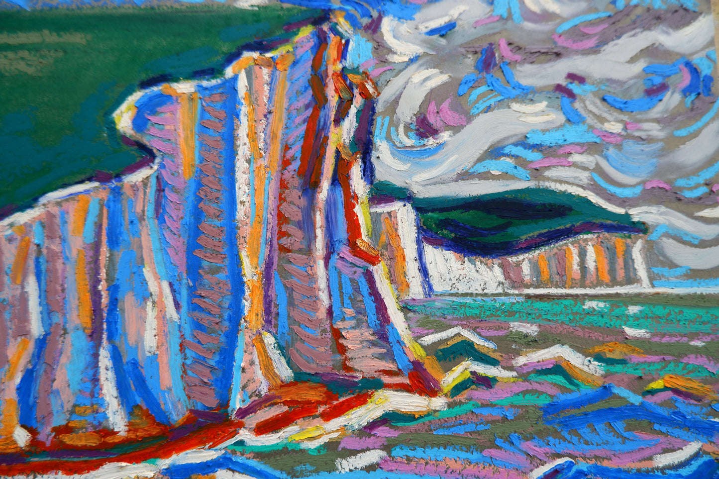 Schilderij van Van Lanigh met kleurrijke kliffen en de zee, getiteld The Sea, the Sea