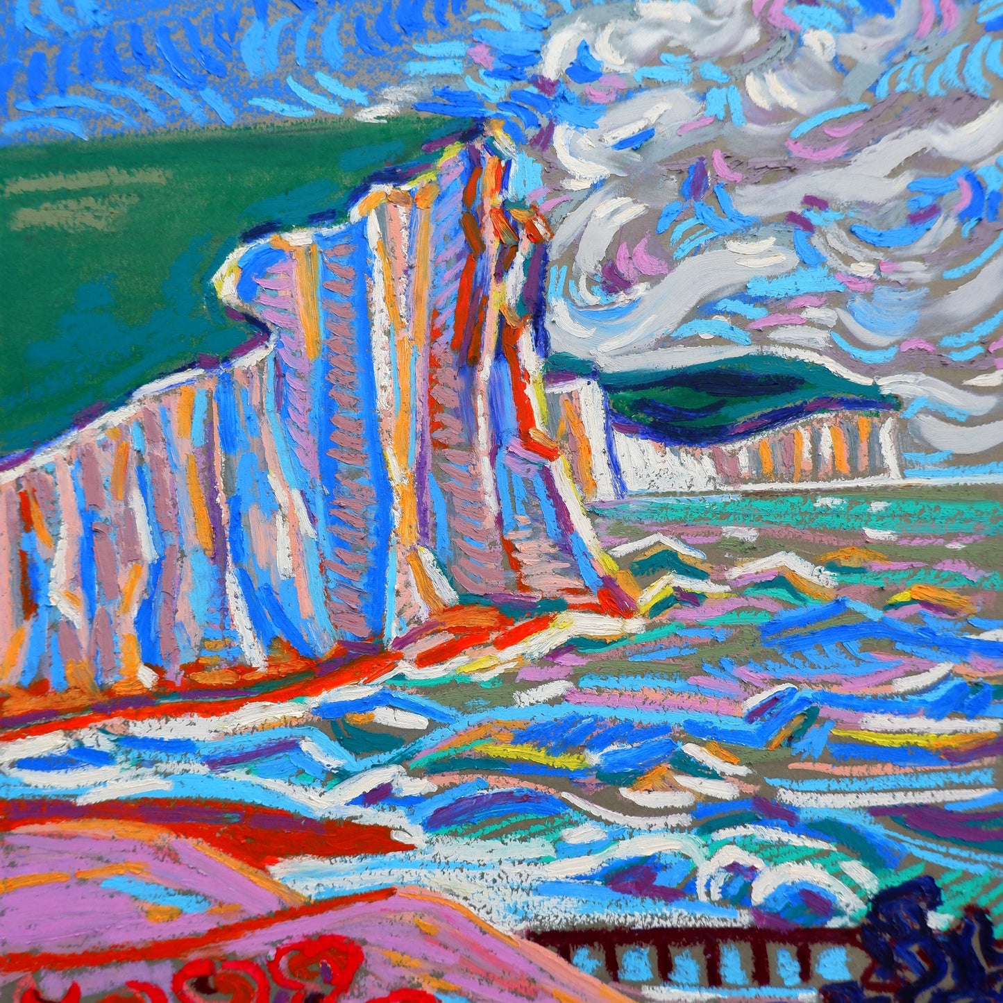 Kleurrijk schilderij van zeekliffen en golven met de titel The Sea, the Sea door Van Lanigh