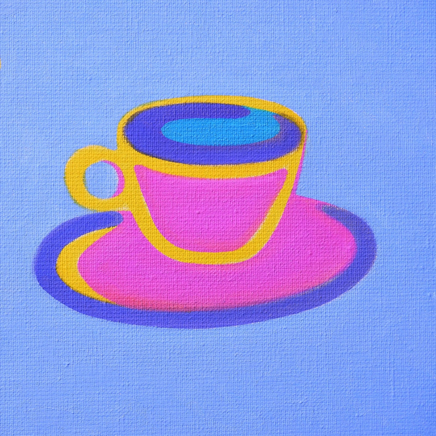 Schilderij van een kleurrijke theekop op blauwe achtergrond met de titel The World on a Plate