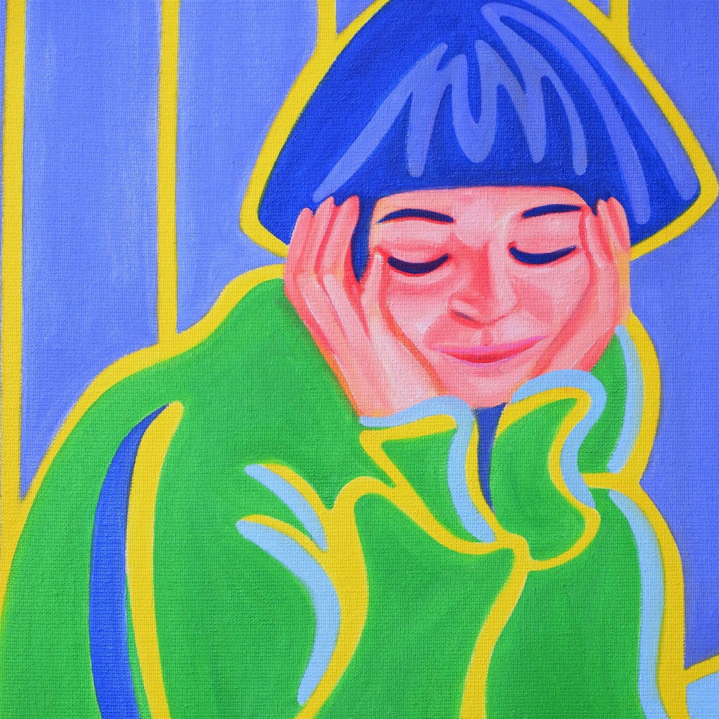 Schilderij van Van Lanigh met titel The World on a Plate: kleurrijke afbeelding van een vrouw met een blauwe muts