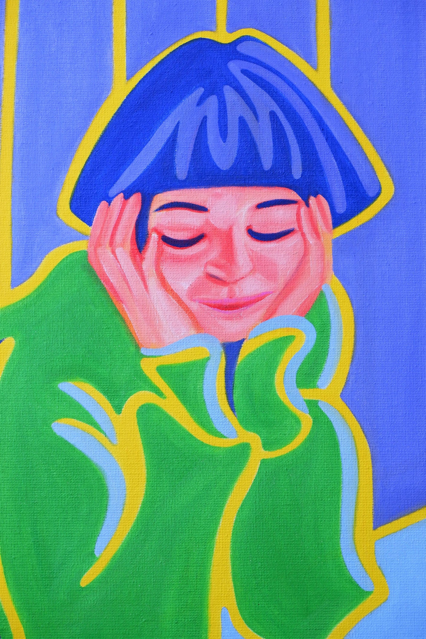 Schilderij van een vrouw met een groene trui en blauwe hoed, genaamd The World on a Plate