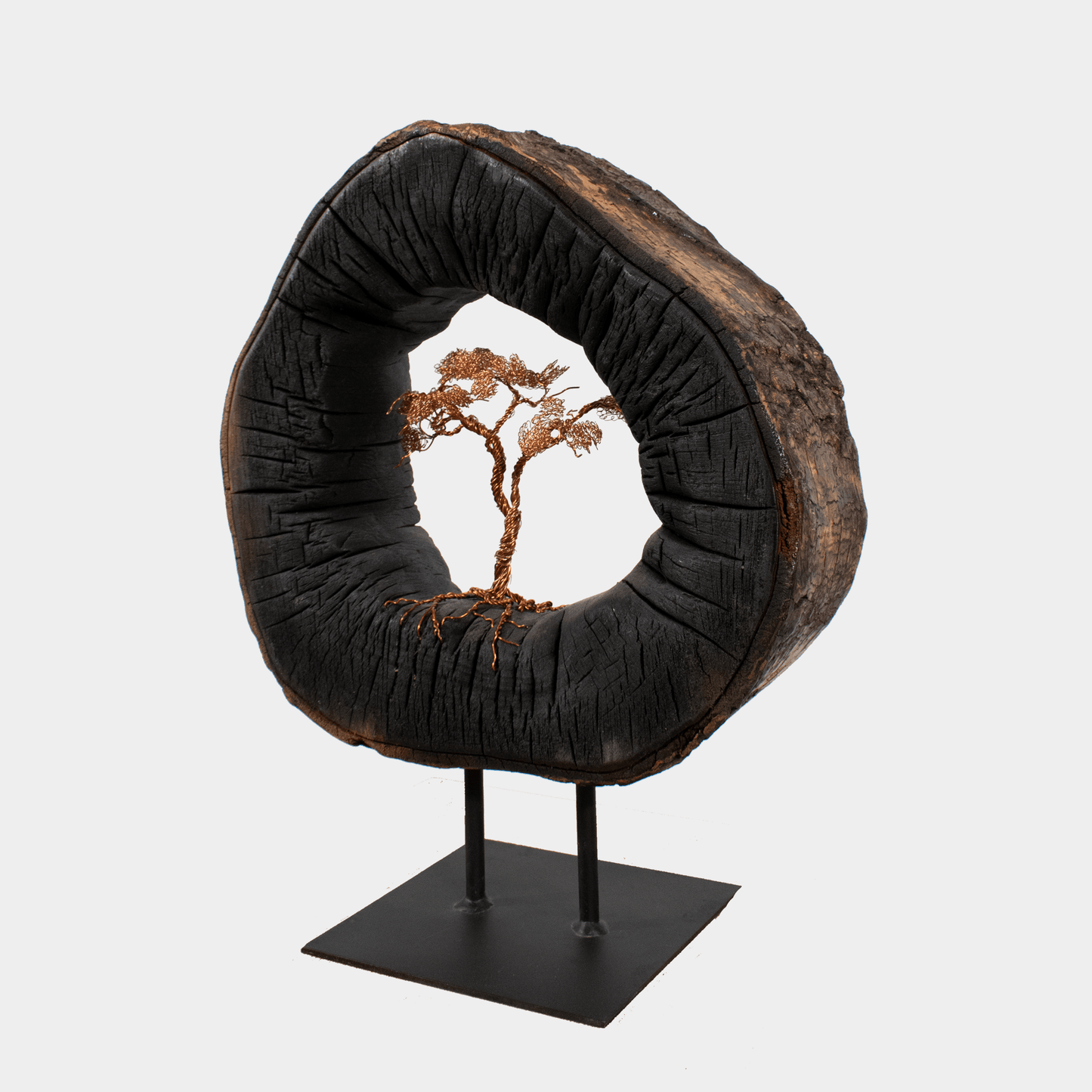 Uniek houten Tree of Life beeld van Semra Heydari met metalen boom in holle houtsculptuur kopen