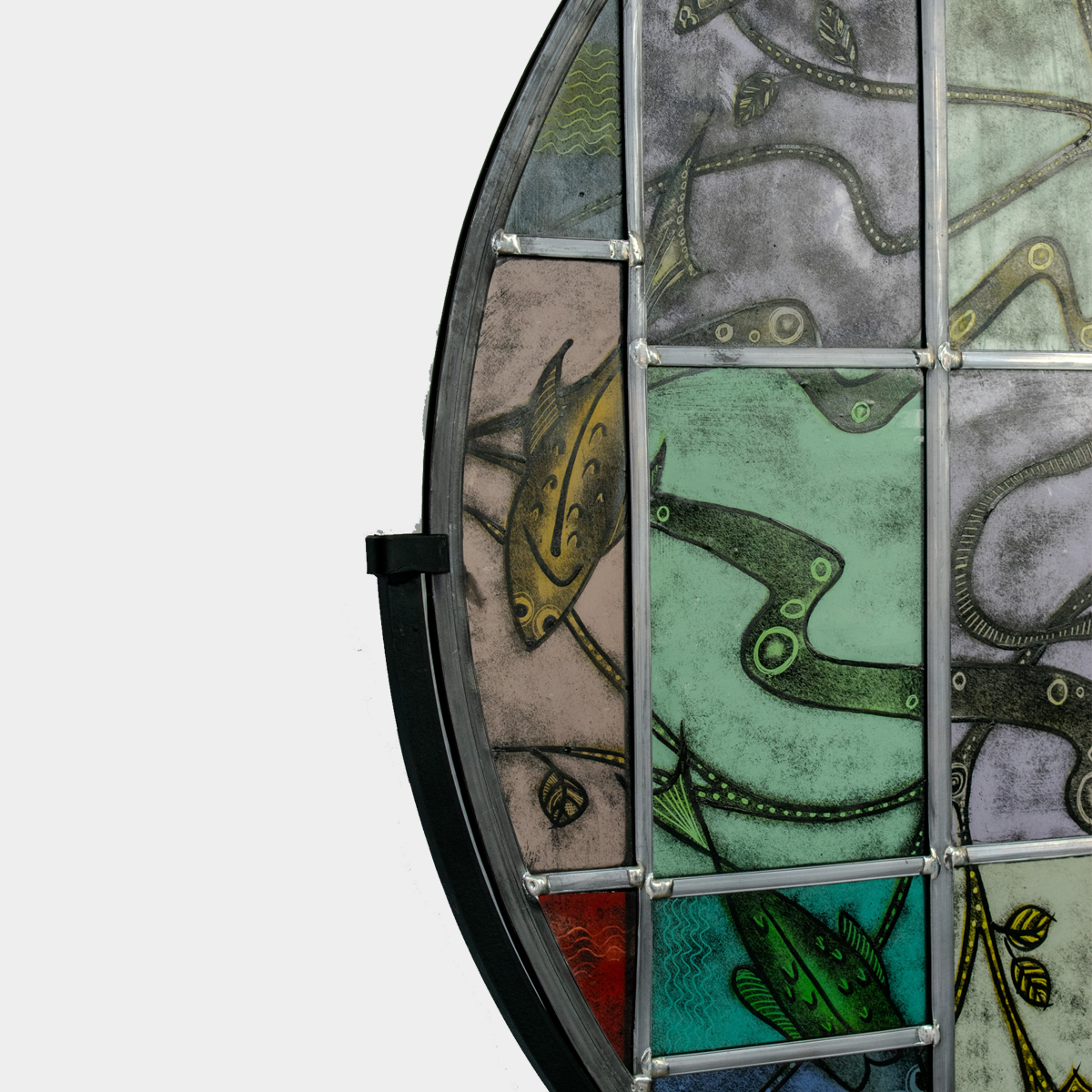Uniek glas kunstwerk met kleurrijke abstracte patronen van Glas & Art Ank Stumpel