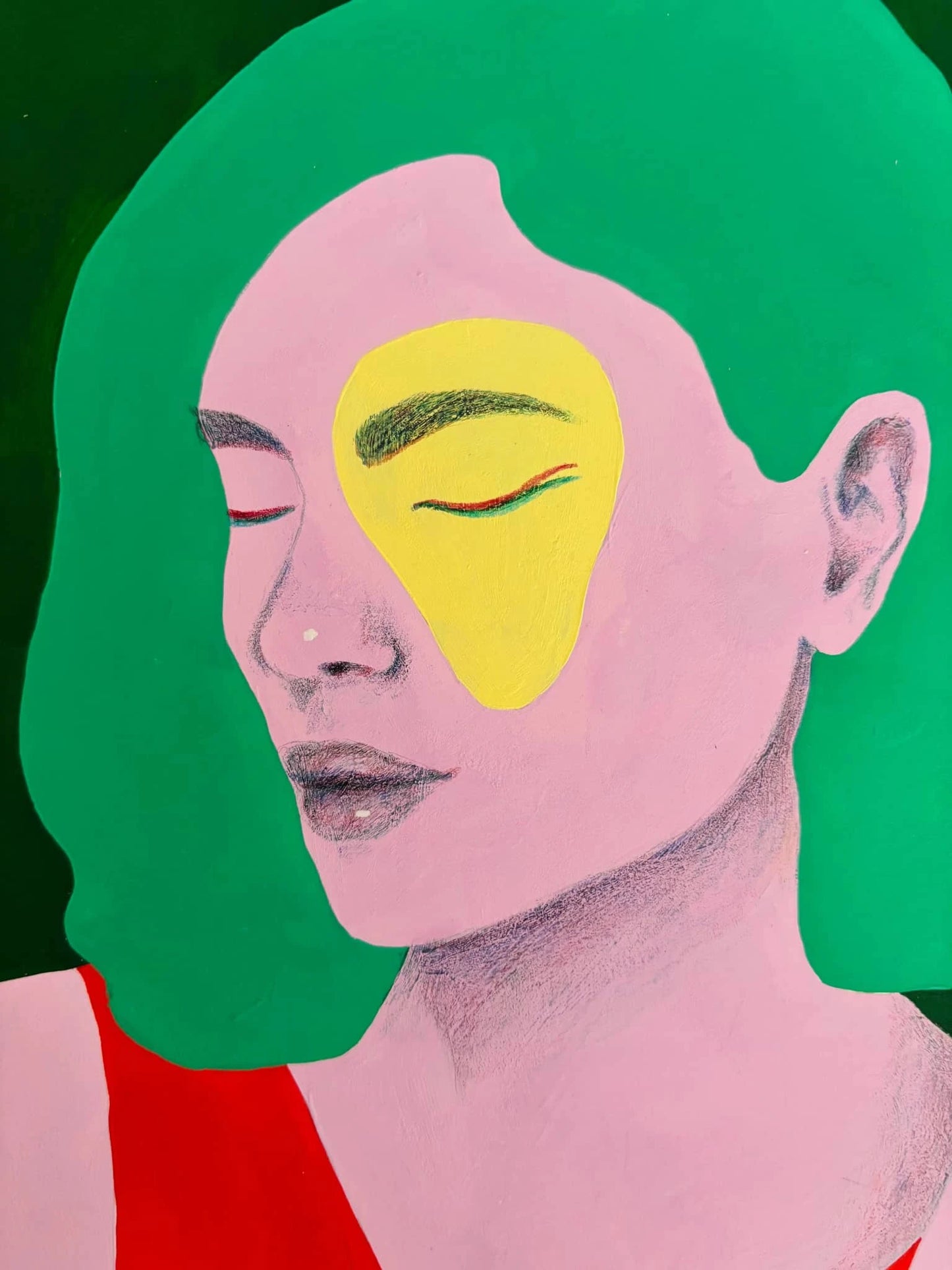 Kleurrijk zielsportret schilderij van een vrouw met groene haren en een zacht portret van haar gezicht