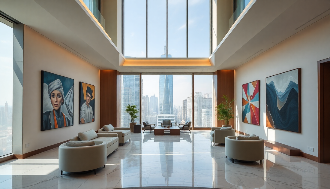 Lichte luxe woonkamer met hoge ramen en skylinezicht galerijwand met moderne schilderijen kopen
