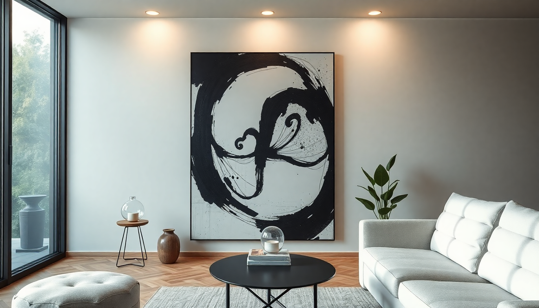 Modern woonkamerinterieur met abstracte kunst in huis voor mentale gezondheid aan de muur