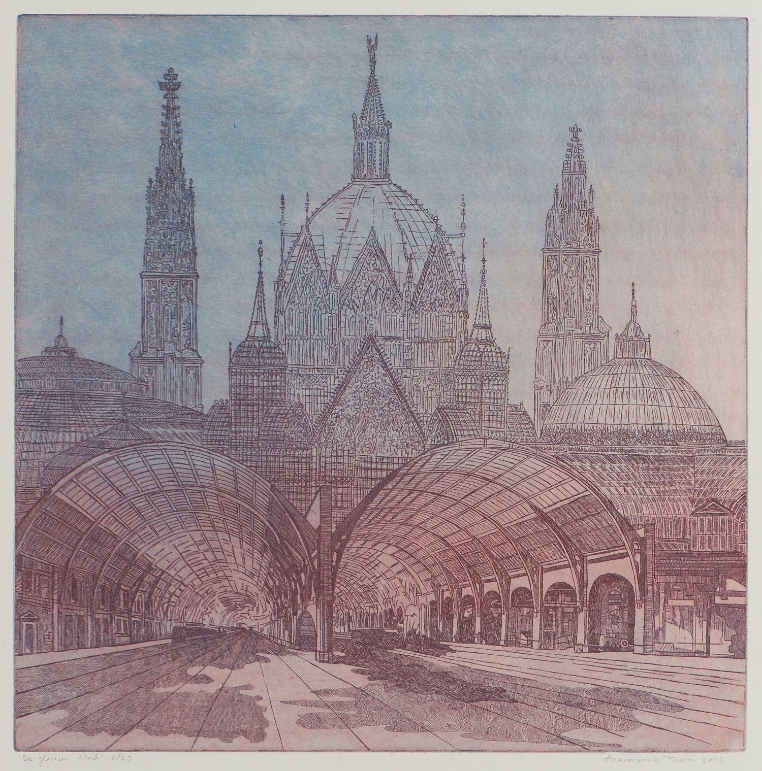 Originele etsen kopen met een gedetailleerde afbeelding van een historische kathedraal en station