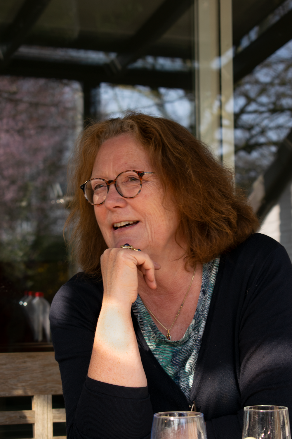 Portret van een vrouw zittend naast een raam met natuurlijke lichtinval uit Glas&Art Ank Stumpel collectie
