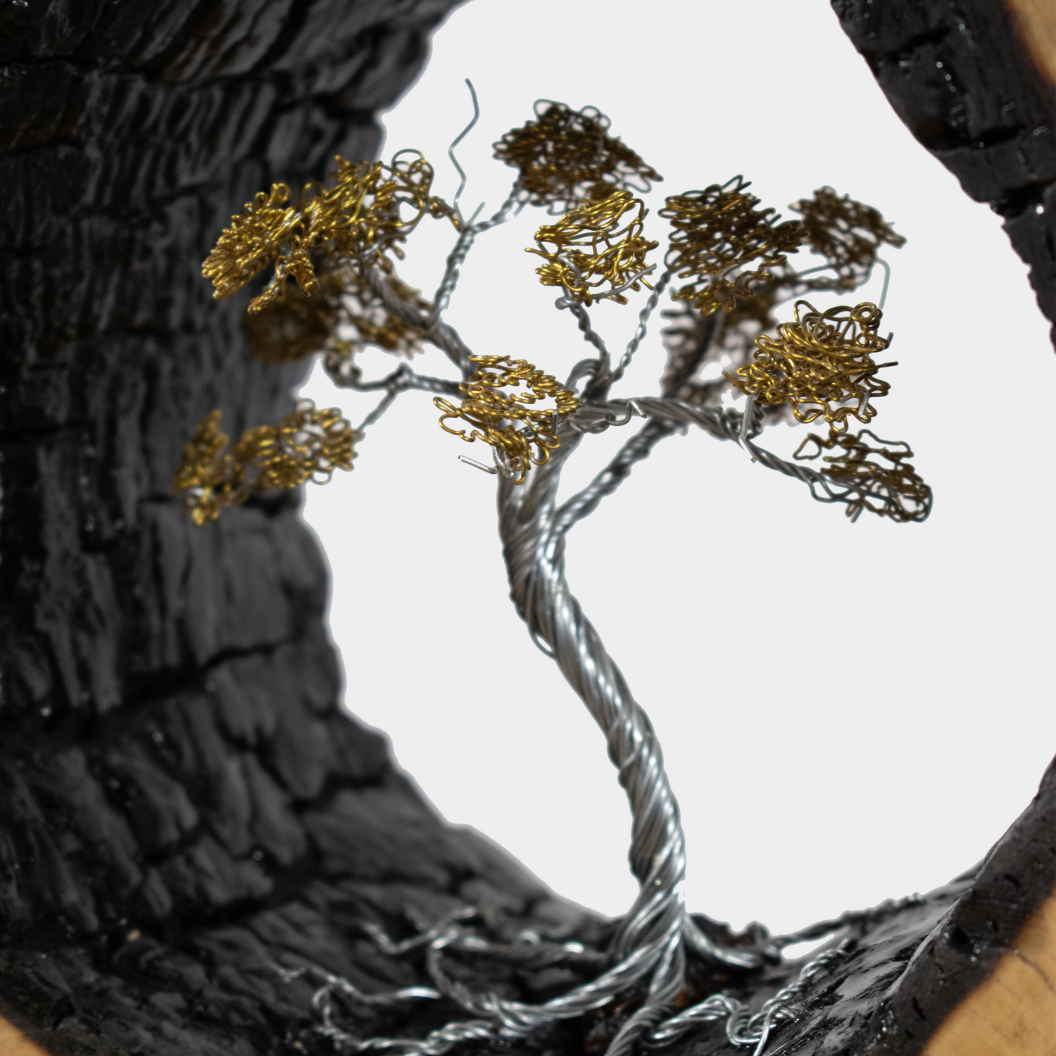 Originele kunst sculpturen van een metalen boom met gouden bladeren in een unieke basis