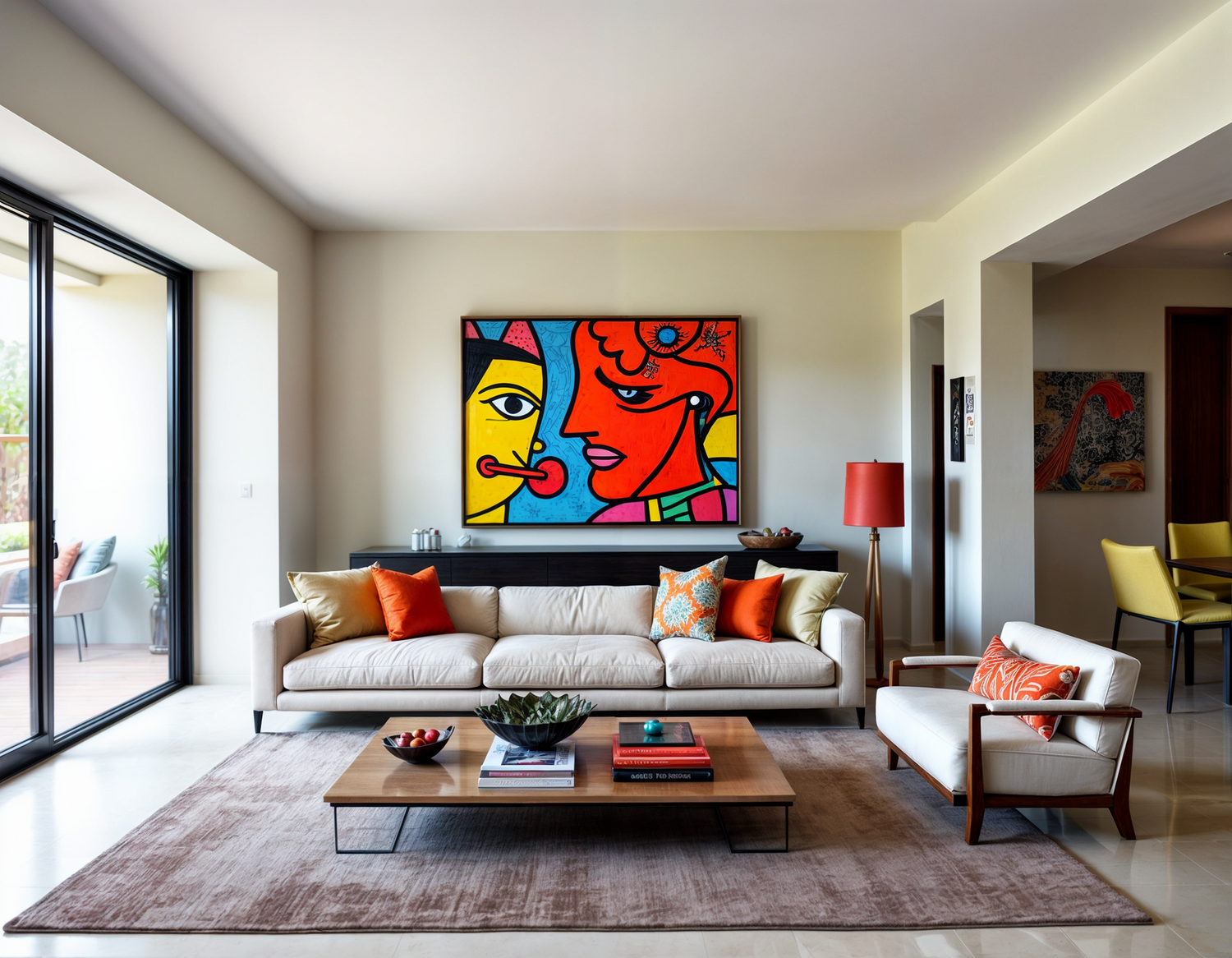 Moderne woonkamer met kleurrijk abstract schilderij boven bank en kussens in warme tinten moderne schilderijen kopen