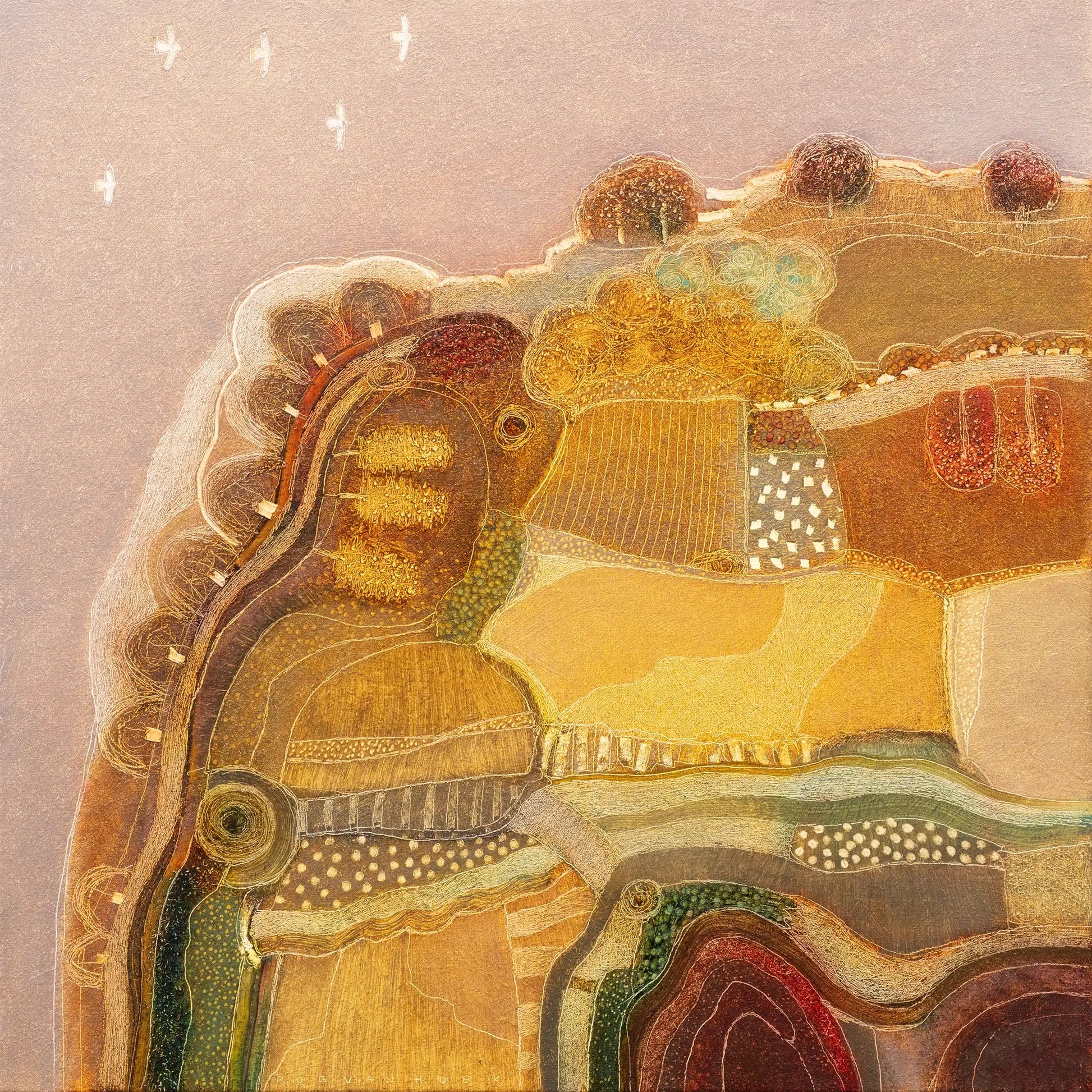 Abstract schilderij van Rob van Hoek met natuurlijke elementen en zachte kleuren