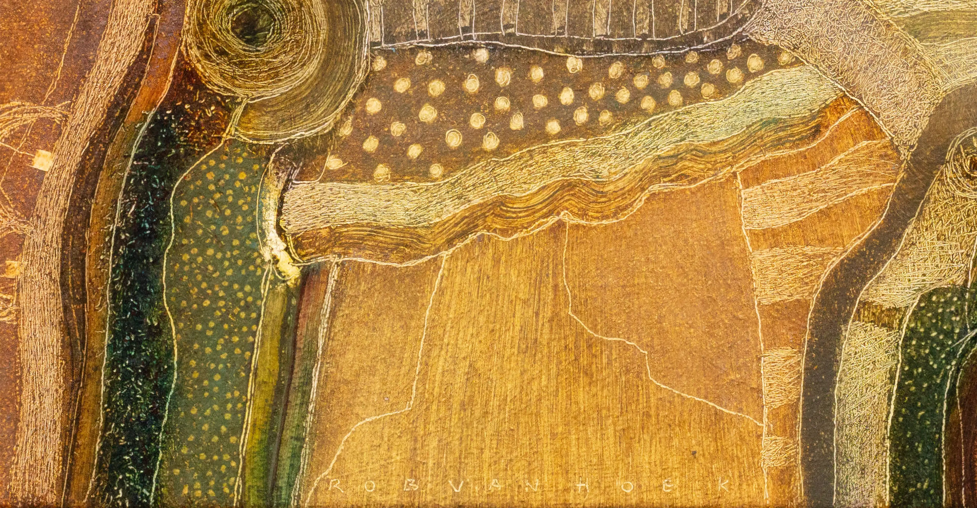 Kleurrijk abstract schilderij van Rob van Hoek met verschillende texturen en patronen