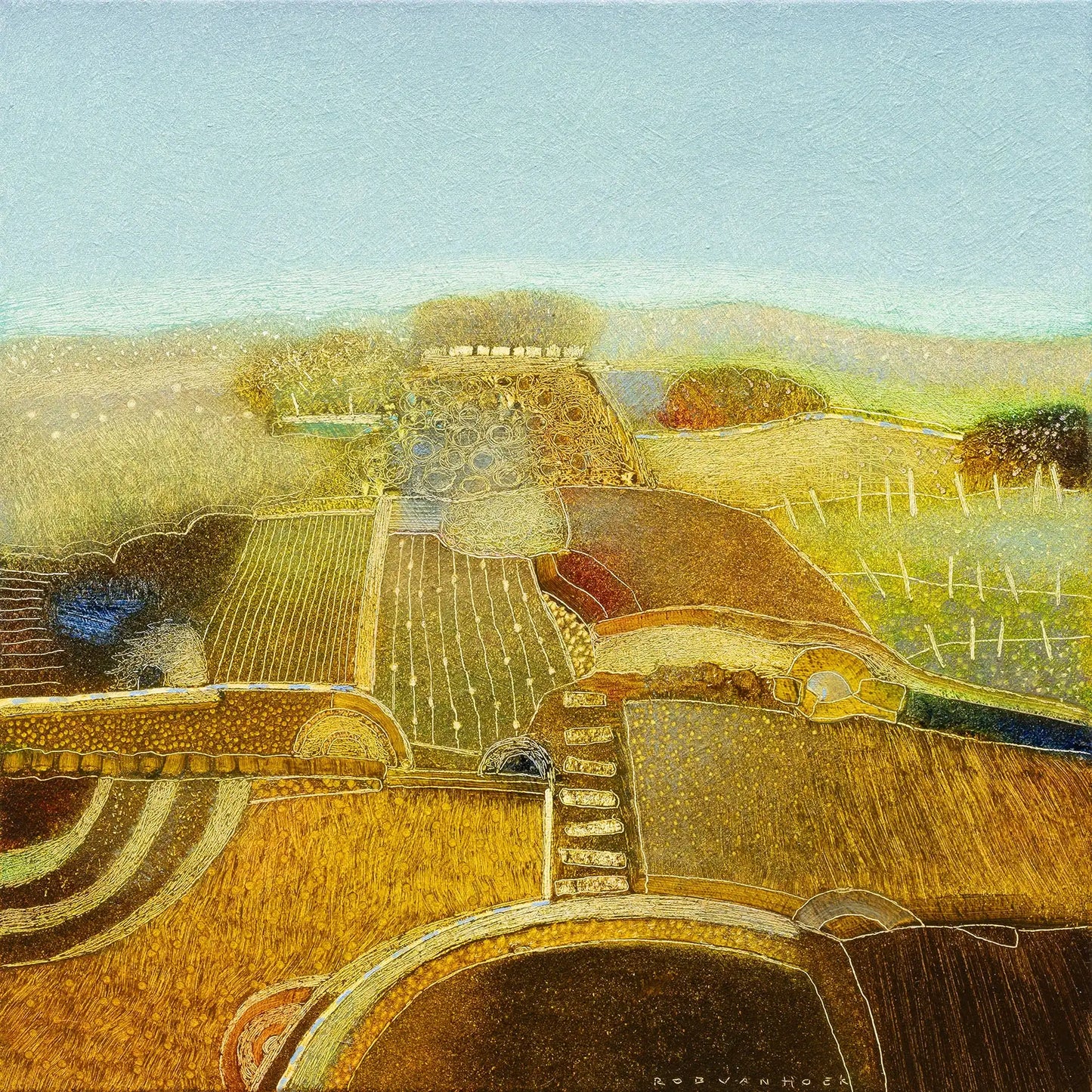 Origineel landschap schilderij van Rob van Hoek met glooiende heuvels en kleurrijke velden