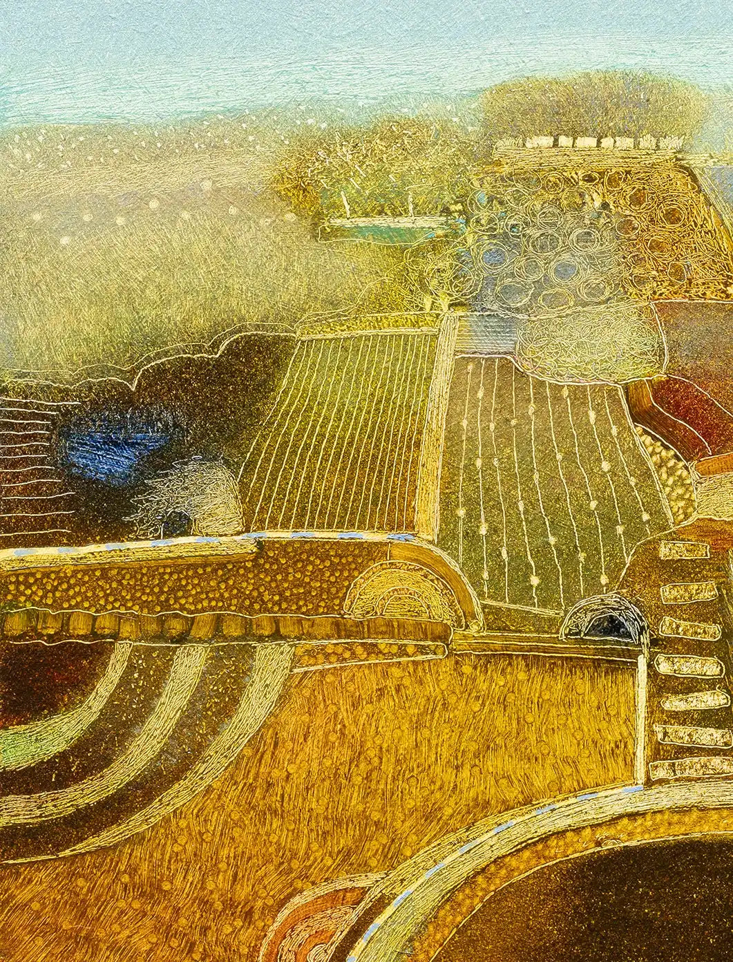 Origineel landschap schilderij van Rob van Hoek met weidse velden en kalme kleuren