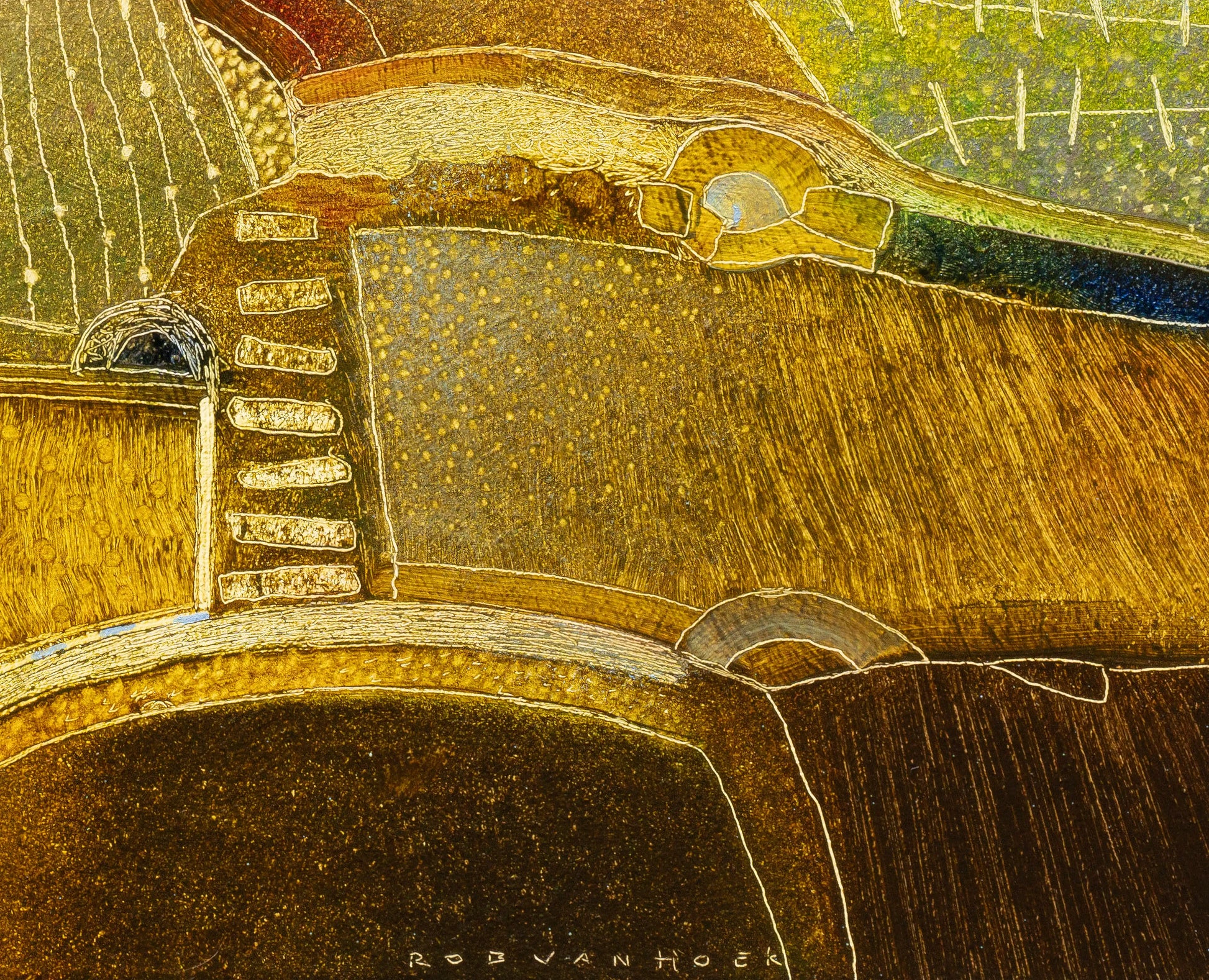 Origineel landschap schilderij van Rob van Hoek met kleurrijke texturen en abstracte vormen