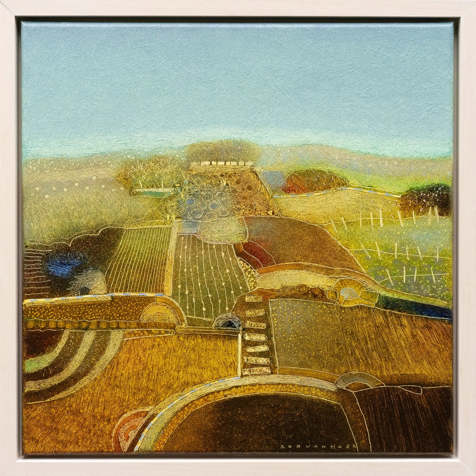 Origineel landschap schilderij van Rob van Hoek met kleurrijke velden en een rustige horizon