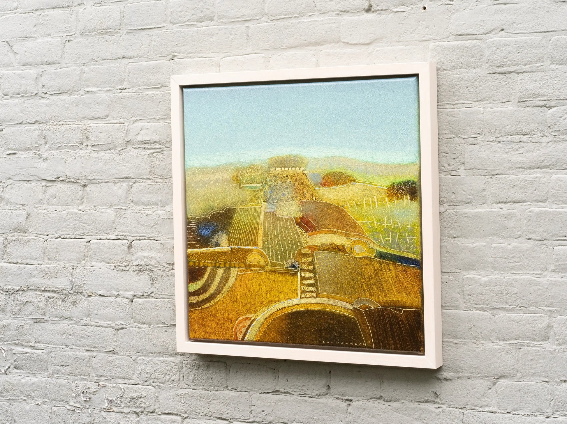 Origineel landschap schilderij van Rob van Hoek met een kleurrijk uitzicht op heuvels en velden