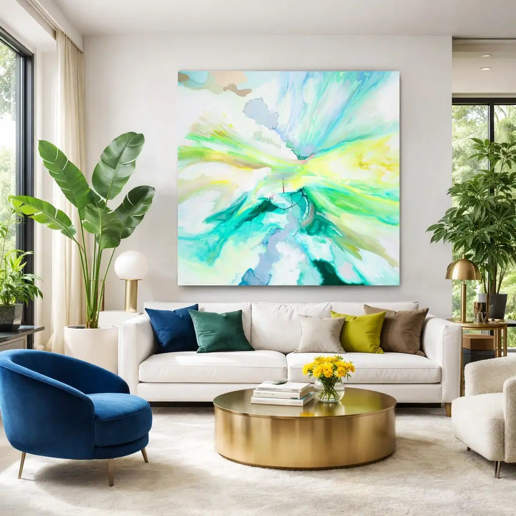Origineel abstract schilderij in frisse kleuren, perfect voor moderne woonkamers