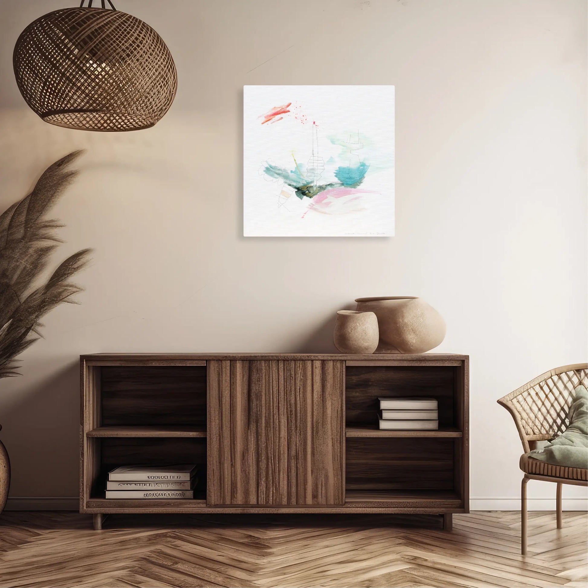 Moderne schilderij van Charlot Terhaar sive Droste als een Nederlands kunstwerk in een stijlvolle woonkamer