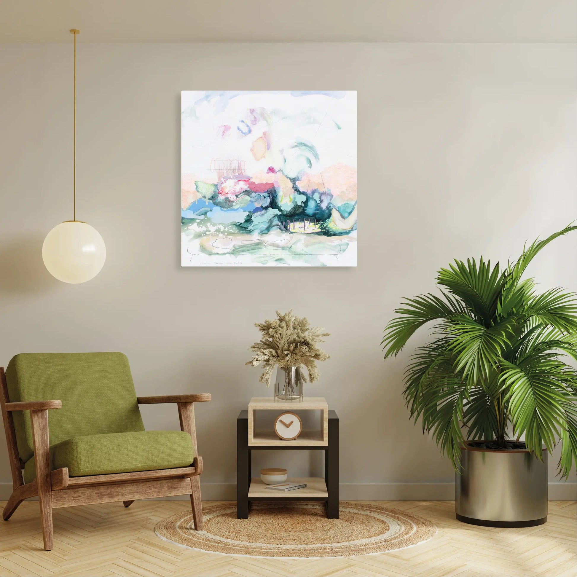 Abstract schilderij van Charlot Terhaar sive Droste, een voorbeeld van Nederlandse kunst in een moderne woonkamer